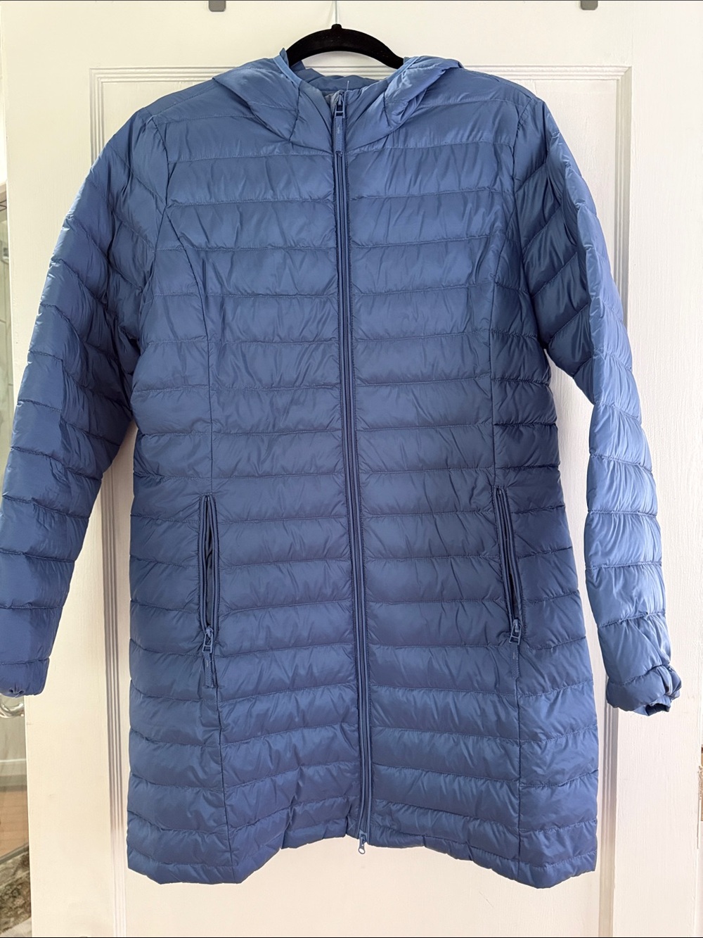 Tribal Hooded Long Puffer Coat - Dusty Blue packable pocket